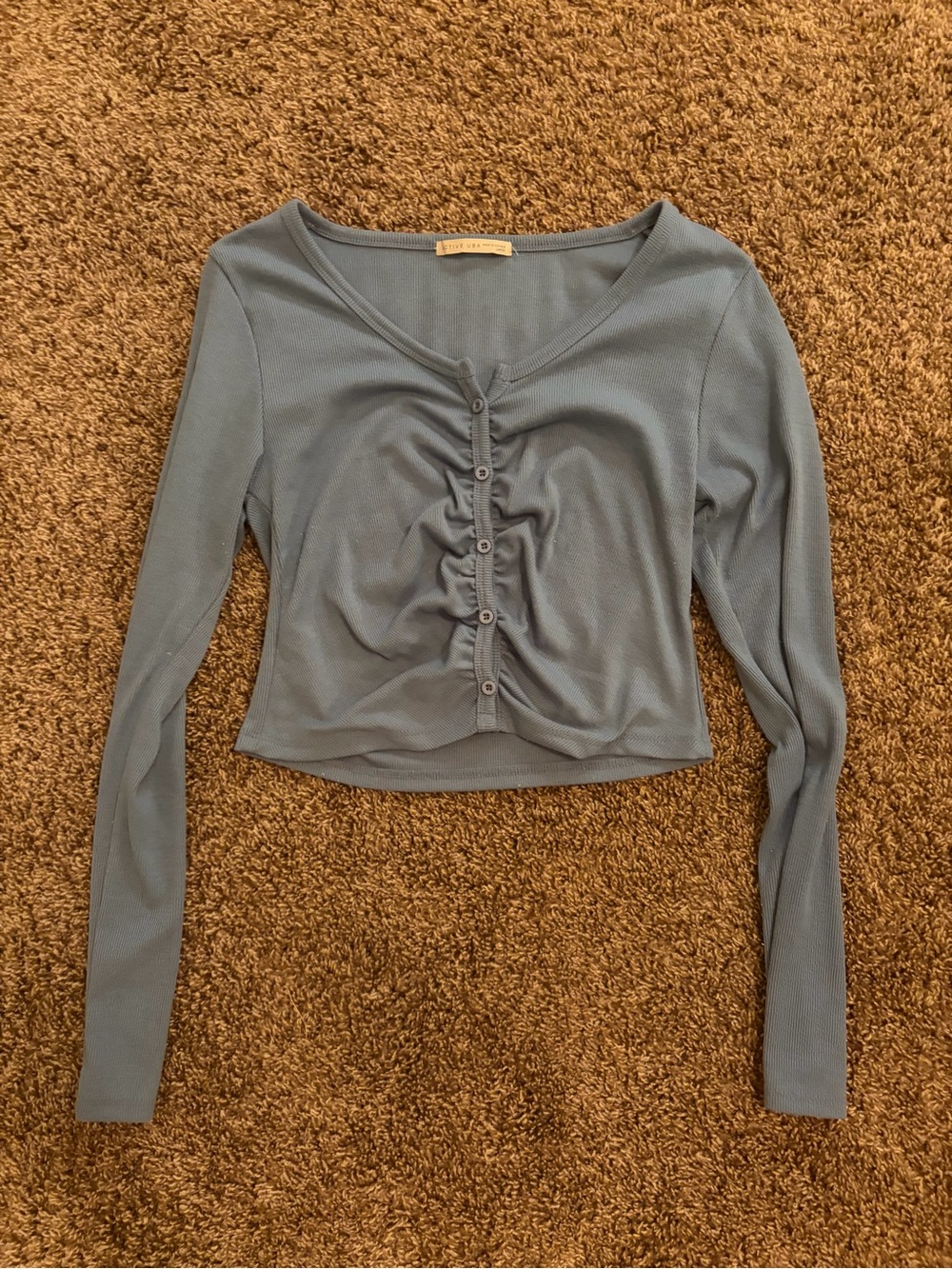 Long-Sleeve Ruched Button Front Crop Top - Blue